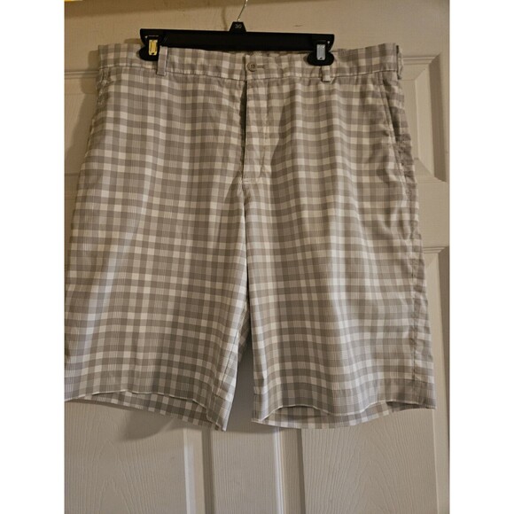 Nike Shorts Men's 36 Gray Checkered Chino Khaki Golf Dri Fit Flex Performance - Picture 1 of 5